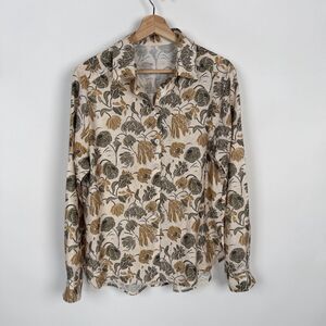 Lomon Linen Blend Cottagecore Shirt Womens M Tan Botanical Floral Earthy Retro
